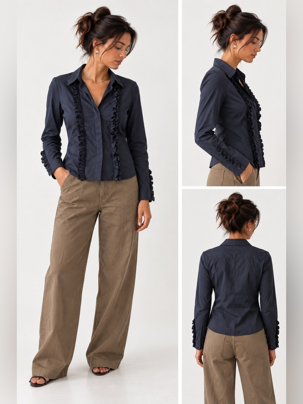 Zara Navy Ruffle-Trim Button Shirt-NWT-XS